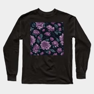 Pink Flower and Leaves Pattern on Black Long Sleeve T-Shirt